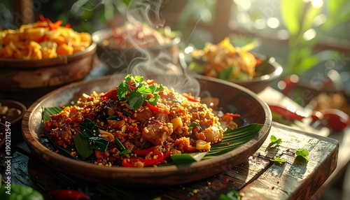 A Delicious and Spicy Stir-Fry Dish with Fresh Herbs and Chilies, Served on a Banana Leaf, Surrounded by Other Exotic Foods