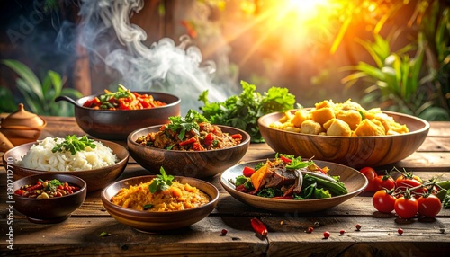 A vibrant and abundant spread of diverse culinary dishes, featuring a variety of textures and colors, artfully arranged on a rustic wooden table bathed in warm, golden sunlight