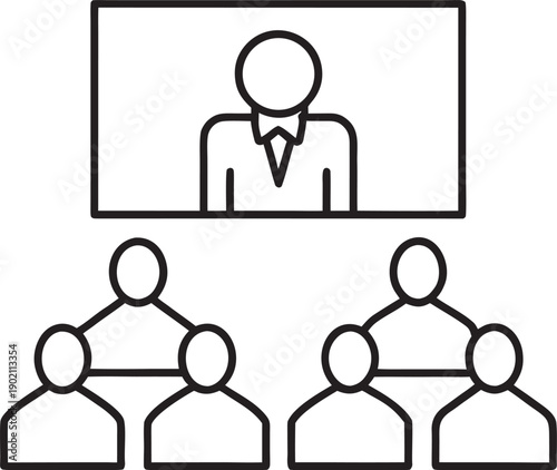 Business meeting with remote presenter and in-person attendees, organizational chart