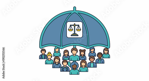 Diverse group of people protected under a blue umbrella with a scale of justice.