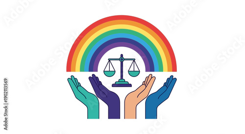 Diverse hands holding scales of justice under a rainbow symbolizing equality and justice for all.