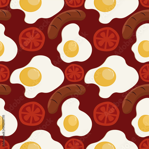 Seamless vector pattern of fried eggs, grilled sausages, and tomato slices on a dark red background. Bold repeating shakshouka design for kitchen textiles, cafes, and breakfast packaging.