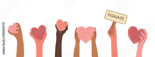 Diverse Hands Holding Hearts Charity Banner