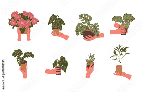 Potted Houseplants in Hands Clipart Set