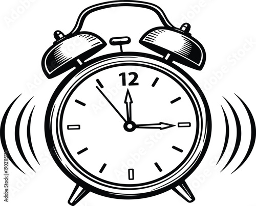 Black silhouette icon of classic ringing alarm clock showing 12:15, symbolizing urgency, time awareness, and morning wake-up alert
