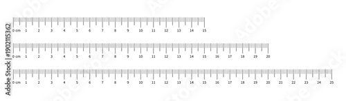 Set of measuring chart with 15cm, 20cm and 25 centimeters. Collection of ruler scale 150 mm, 200mm, 250mm with numbers. Length measurement height, math, distance, Sewing tool. Templates of ruler scale