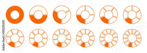 Graph icon pie, pizza shape orange section charts. Circles orange-white diagram divided to 12 equal parts. Orange coaching blank template. Set of segments wheel round divide infographic.