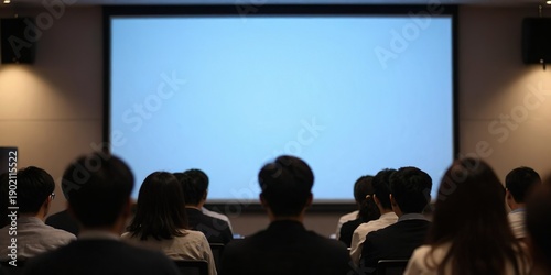 Public flou assistant à un séminaire professionnel dans un auditorium de conférence avec écran de présentation et espace de copie