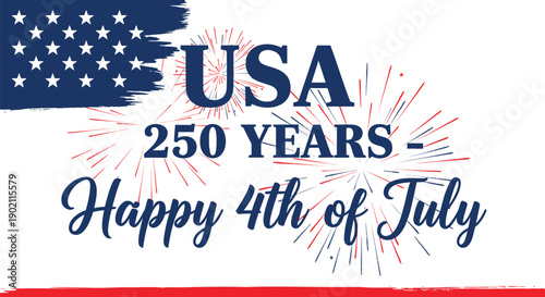 USA 250 Years Happy 4th of July vector banner, patriotic celebration background, American flag design, Independence Day poster or social media overlay, isolated on transparent background, png