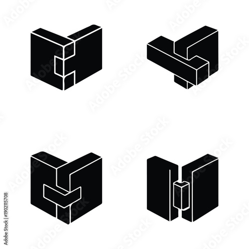 Set of woodworking joinery icons in black silhouette style. Wood Joinery and Construction Icons
