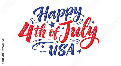 Happy 4th of July USA greeting text vector illustration, patriotic holiday banner or social media post template, red white and blue colors, star-spangled design, festive 