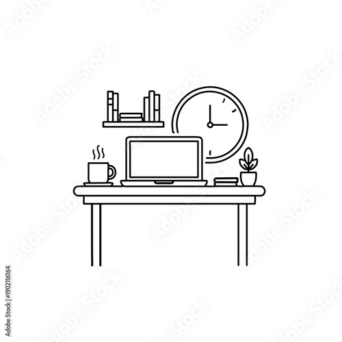 outline icon illustrating freelancer flexible schedule, desk with laptop and clock integrated into workspace, coffee mug and plant as secondary elements