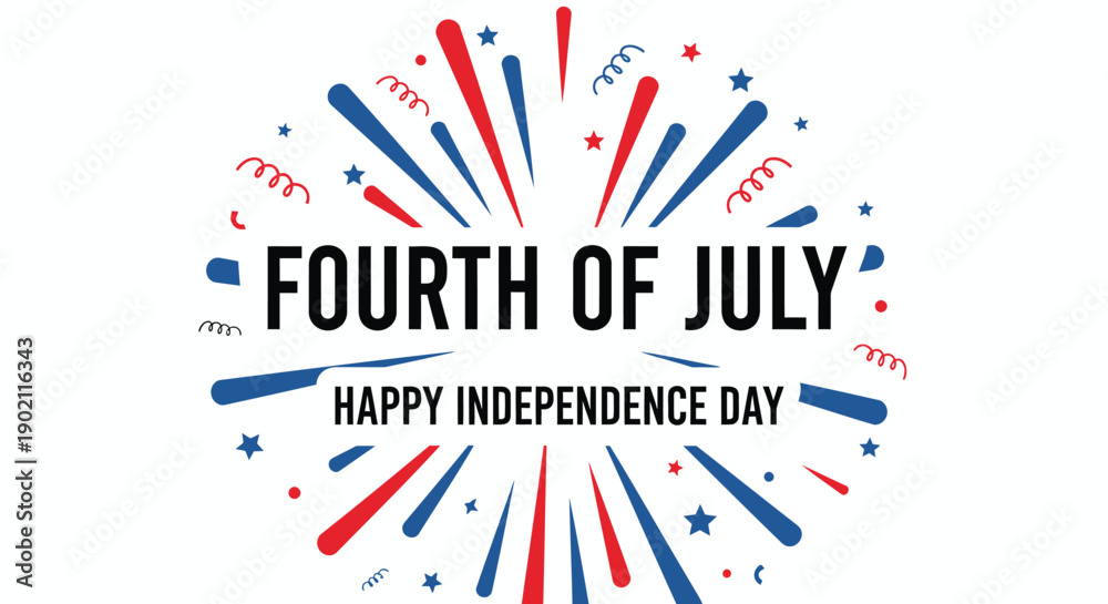 Obraz premium Fourth of July celebration badge, red white and blue fireworks explosion with text, Happy Independence Day, for banner or poster