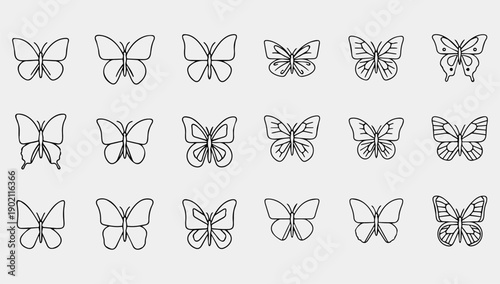 A flat lay of multiple black line-drawn butterfly illustrations on a white background with a minimalist style.