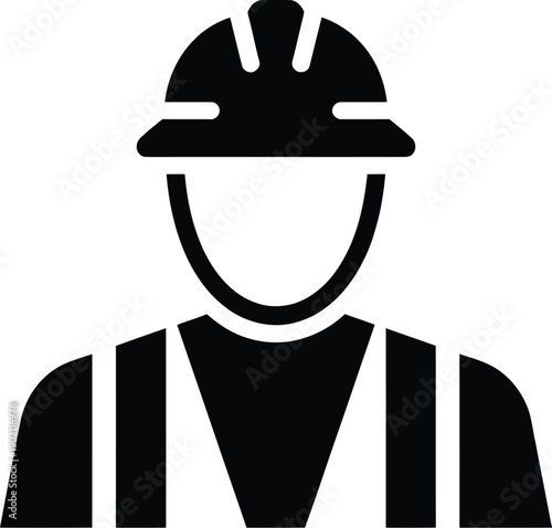 Construction worker icon, silhouette figure with hard hat and safety vest shown from chest up front view