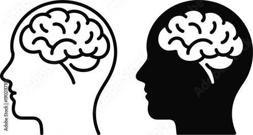 Brain head icon, minimalist line art head showing brain anatomy beside solid black head shape