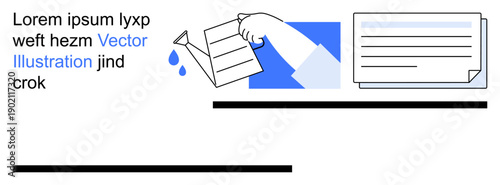 Data organization, information processing, knowledge management, digital workflow, document sharing, content creation. Hand pouring information into a document icon. Data organization and information