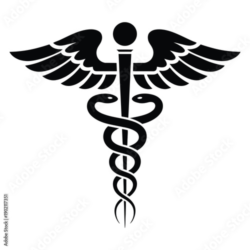 Black vector illustration of caduceus and asclepius wand, medical symbols, healthcare emblem design.