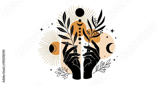 Mystical illustration of hands holding branches with celestial elements and abstract shapes.