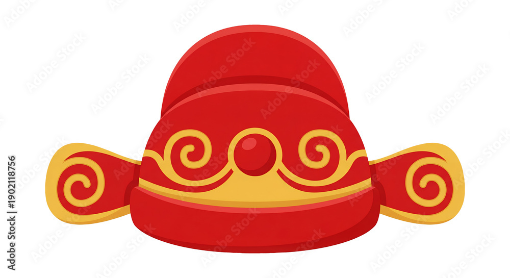 Fototapeta premium A vibrant red traditional Chinese hat adorned with golden swirl patterns and a central red jewel, often associated with cultural celebrations.