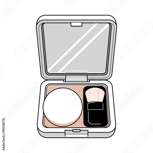 A compact makeup powder with a mirror and applicator brush, presented in a clean, minimalist illustration.