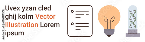 Education, innovation, science, research, creativity, technology. Features document with bullet points, light bulb DNA helix. Education and innovation through items thumbs up bulbs and DNA