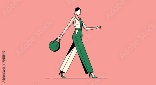 A stylish woman in a green and white jumpsuit walks with a green handbag.