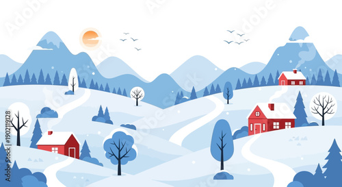 A charming winter landscape with snow-covered hills, red houses, and bare trees under a pale sun.