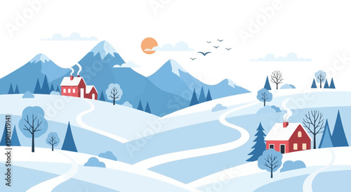 A charming winter landscape illustration featuring snow-covered hills, cozy red houses with smoking chimneys, and winding paths under a pale sun.