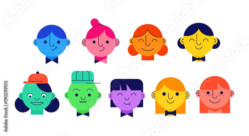 A collection of ten diverse and colorful cartoon faces with unique hairstyles and accessories.