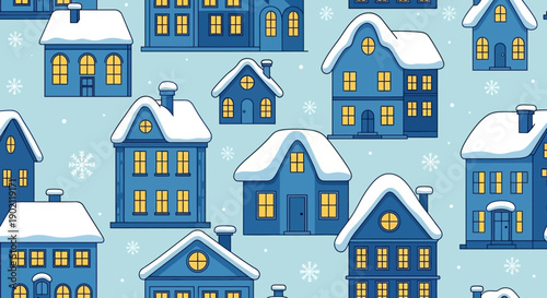 A charming seamless pattern of cozy blue houses covered in snow, with warm yellow lights glowing from their windows, set against a light blue background with delicate snowflakes.