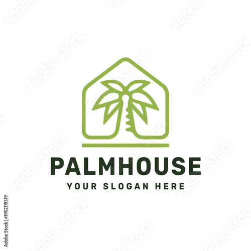 Modern Palm Tree House Real Estate and Eco Living Logo Design
