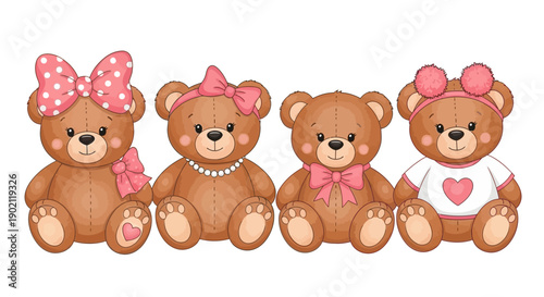 Four adorable teddy bears dressed in pink bows and accessories, sitting together.
