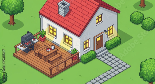 Cozy suburban house with a deck and backyard grill.