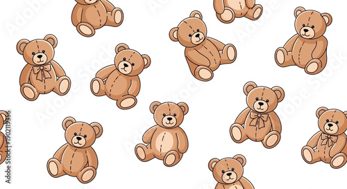 A delightful pattern featuring numerous adorable teddy bears in various playful poses against a clean white background.