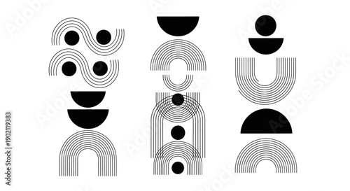 Abstract geometric composition with stacked semi-circles, arches, and circles in black and white.