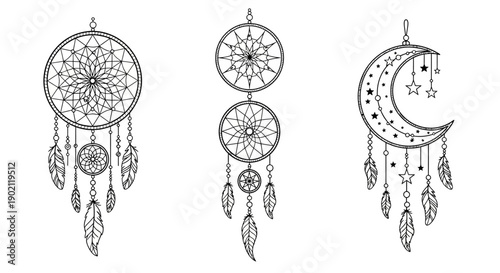 Three intricately designed dreamcatchers, one crescent moon-shaped with stars, and two circular ones with feathers, presented in a black and white line art style.
