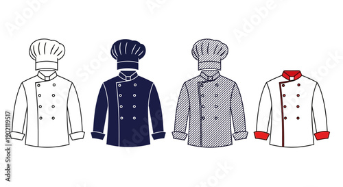 Four chef uniforms with different colors and styles, including traditional toque hats, displayed side by side on a white background.