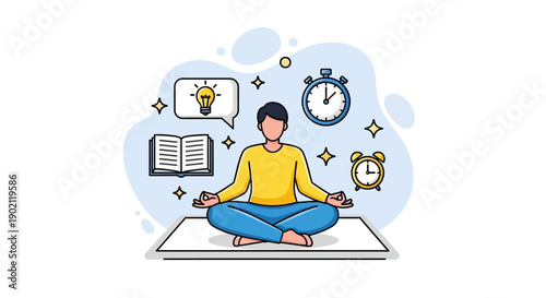 A person meditating with icons representing ideas, learning, and time management floating around them.