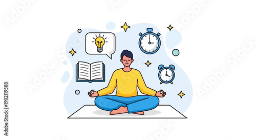A person meditating peacefully surrounded by symbols of learning, time management, and ideas.