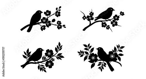 Four black silhouette illustrations of birds perched on flowering branches, presented in a grid layout.