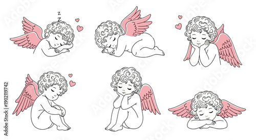 A collection of six charming illustrations of cherubs in various adorable poses, each with delicate pink wings and a sweet, innocent expression.