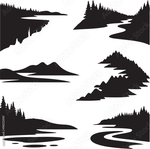 black silhouettes of mountains and trees by water