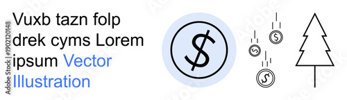 Financial savings, investment, sustainability, eco-economics, wealth management, environmental finance. Dollar sign in a circle and falling coins near a tree. Financial savings and sustainability