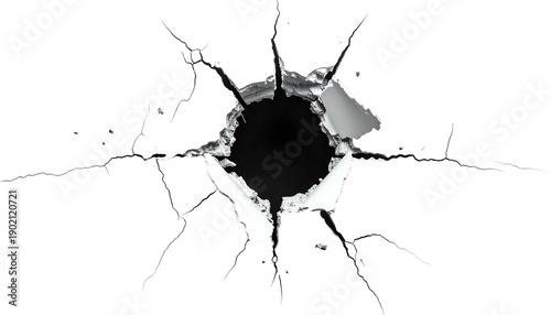 Close-up of a shattered glass effect, showcasing a central circular hole surrounded by radiating cracks and jagged edges