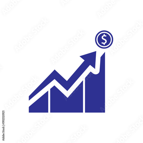 A dark blue illustration depicts a stock market trend line moving sharply upward toward a dollar sign indicator.