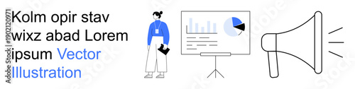Business presentations, marketing strategy, data analysis, corporate planning, sales promotion, advertising concepts. Woman standing by a chart and megaphone icon. Business presentations