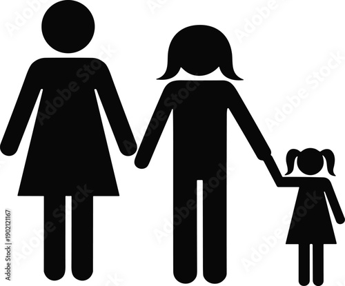 Black silhouette icon of two adults and a child holding hands, representing diverse family structure, guardianship, and child care