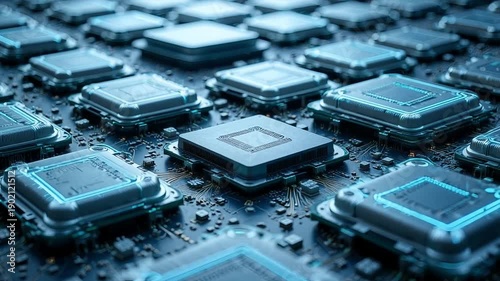 Macro view of glowing central processing unit chips densely packed on a futuristic computer circuit board