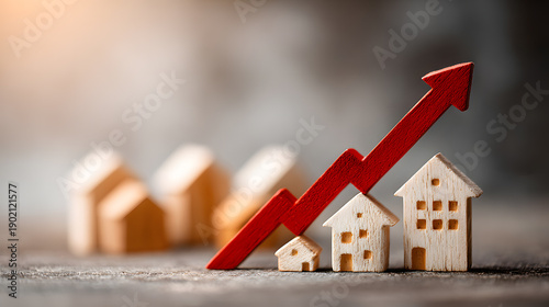 Real Estate Prices Rising Concept with Upward Red Arrow and Miniature Houses